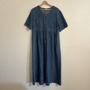 Vintage 90s No Boundaries Denim Maxi Dress Button Pockets Prairie Cottagecore L